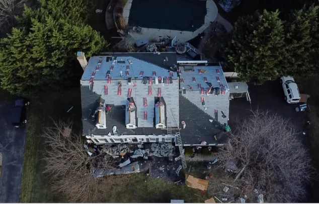 Aerial view of a residential roofing project